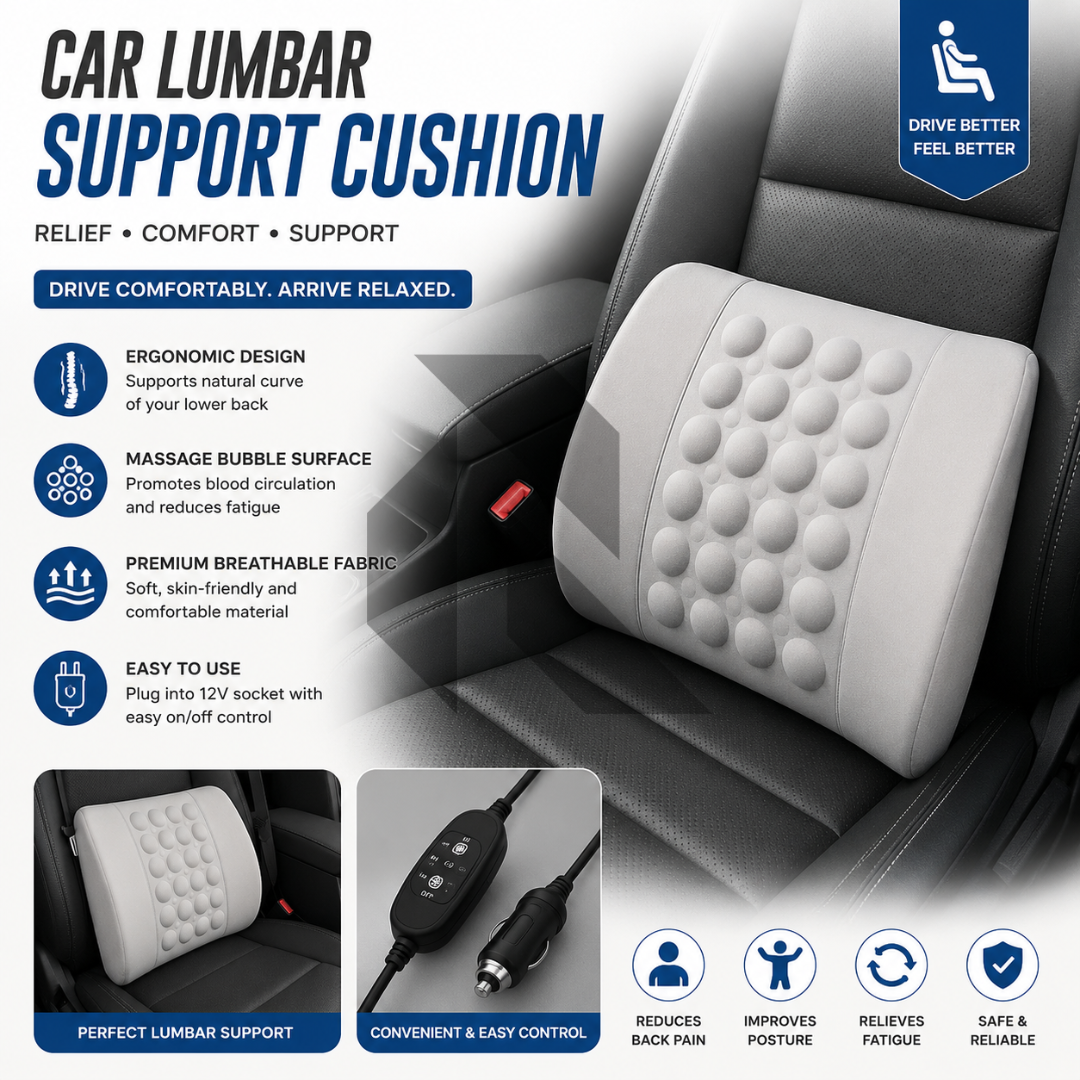 Universal Lumbar Support Massage Cushion 12V – Car Backrest Pillow for Back Posture Support & Driving Comfort Main image