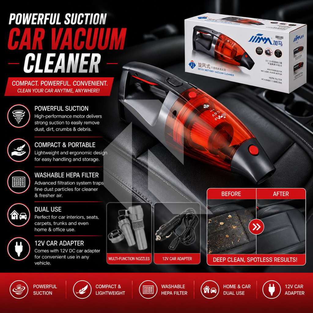 12V DC Wet & Dry Portable Car Vacuum Cleaner – High Power Handheld Auto Vacuum with Accessories
