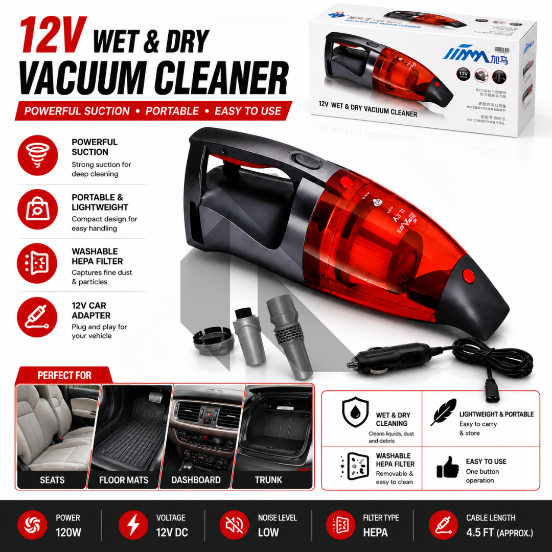 12V DC Wet & Dry Portable Car Vacuum Cleaner – High Power Handheld Auto Vacuum with Accessories Main image