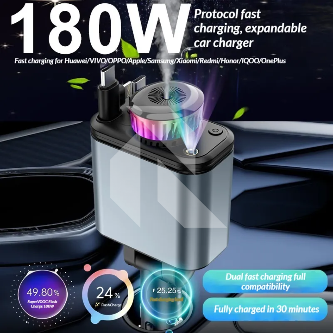 180W Car Charger with Starlight Ambient Light, Aromatherapy & Retractable Cables – LC-049 Main image