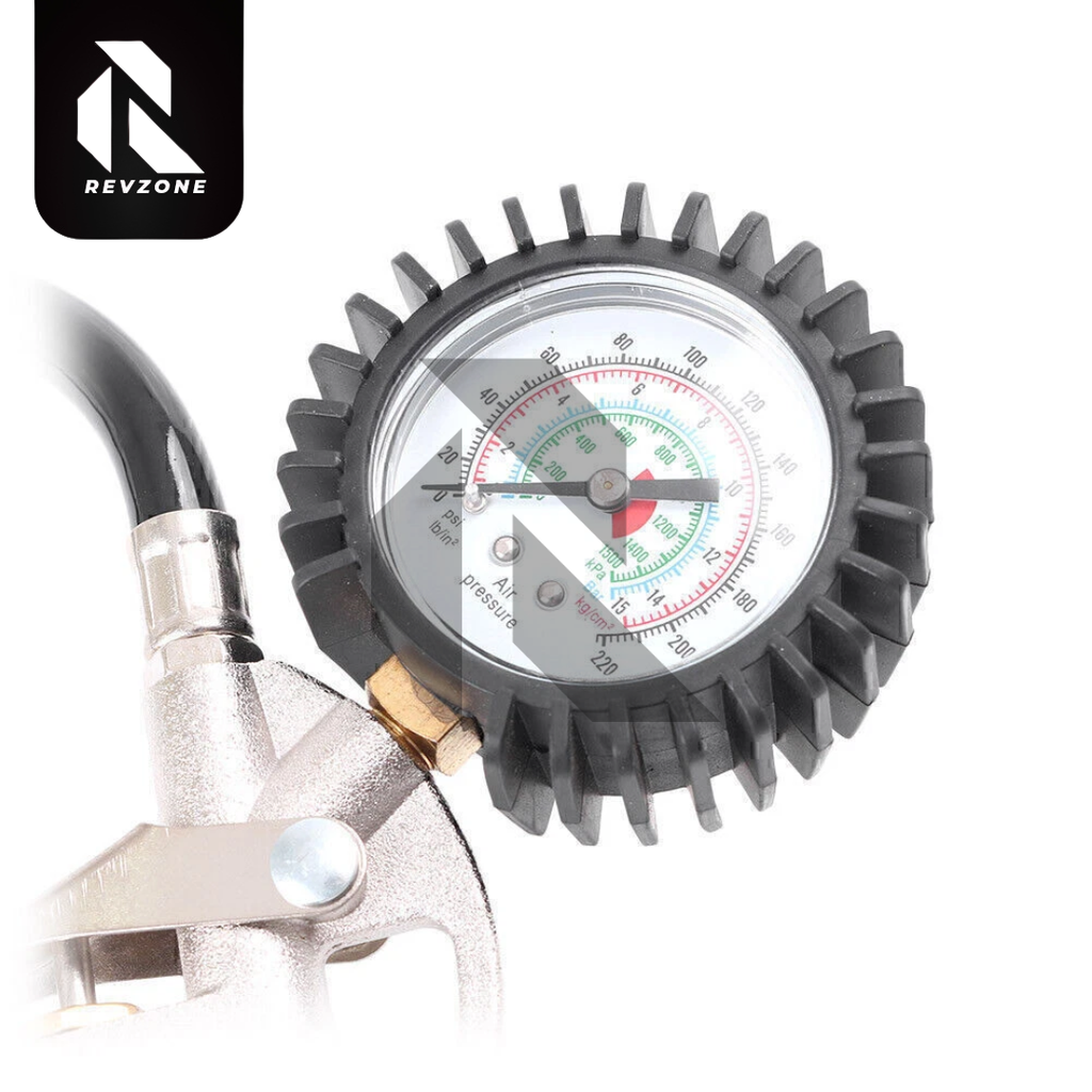 220 PSI Analog Tire Pressure Gauge with Air Inflator Gun – Air Compressor Tire Inflating Tool