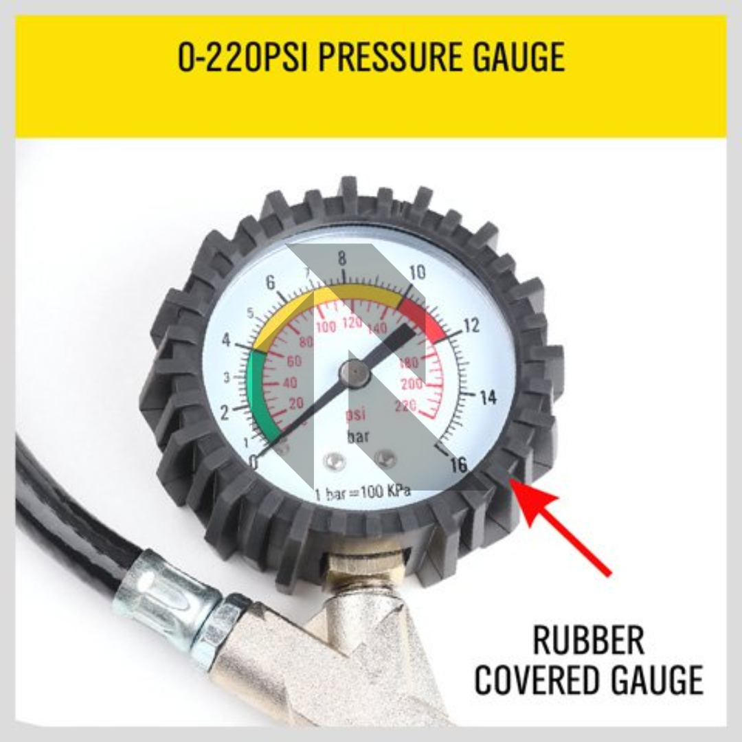 220 PSI Analog Tire Pressure Gauge with Air Inflator Gun – Air Compressor Tire Inflating Tool