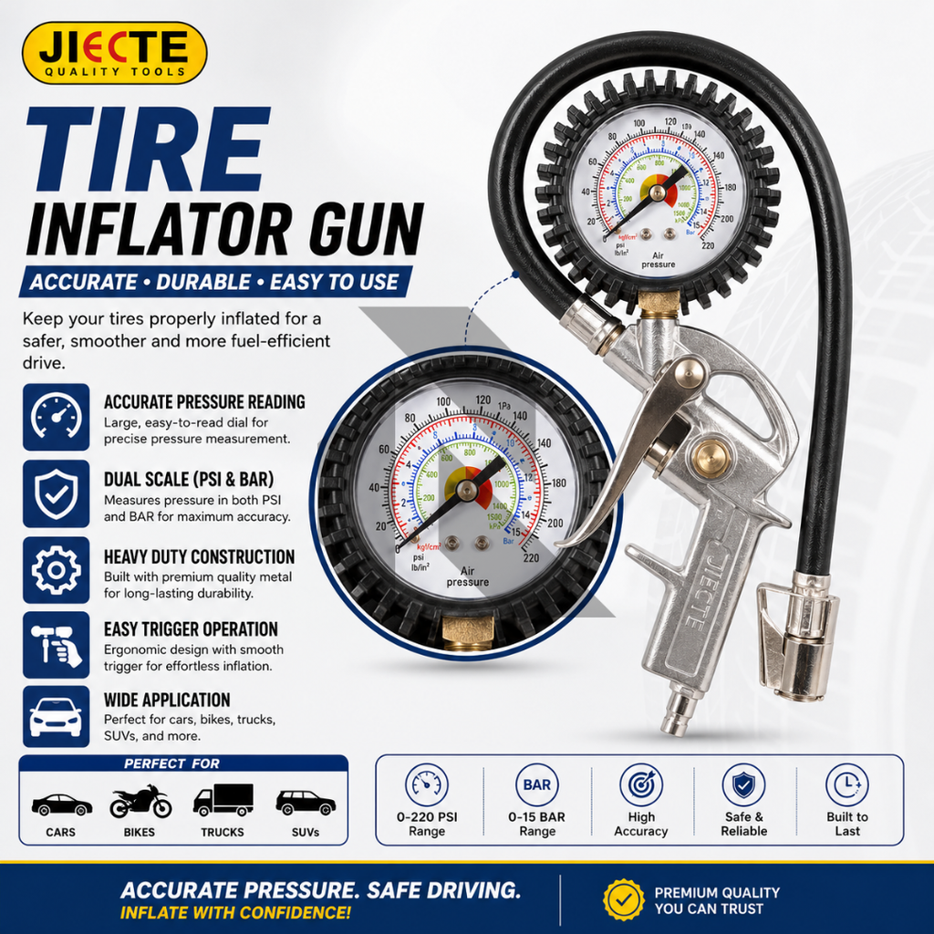 220 PSI Analog Tire Pressure Gauge with Air Inflator Gun – Air Compressor Tire Inflating Tool
