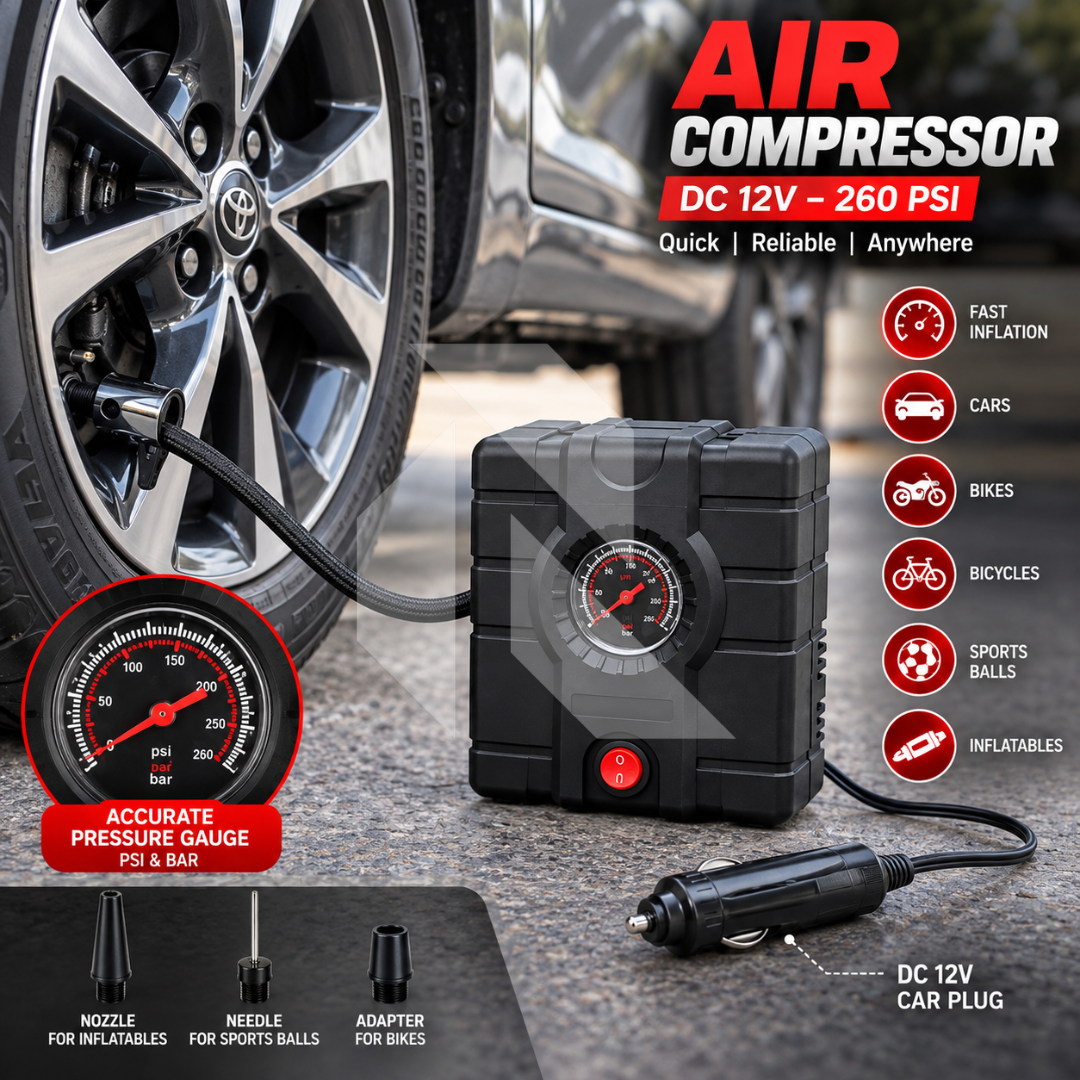 12V 260PSI Portable Air Compressor – Heavy Duty Tyre Inflator Pump for Cars, Bikes, Bicycles & Balls