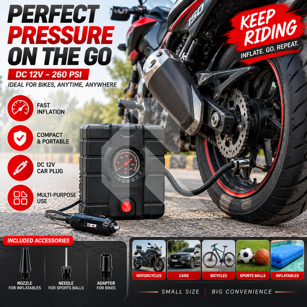 12V 260PSI Portable Air Compressor – Heavy Duty Tyre Inflator Pump for Cars, Bikes, Bicycles & Balls