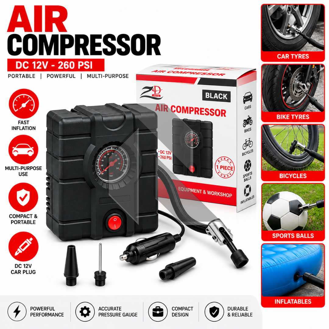 12V 260PSI Portable Air Compressor – Heavy Duty Tyre Inflator Pump for Cars, Bikes, Bicycles & Balls Main image