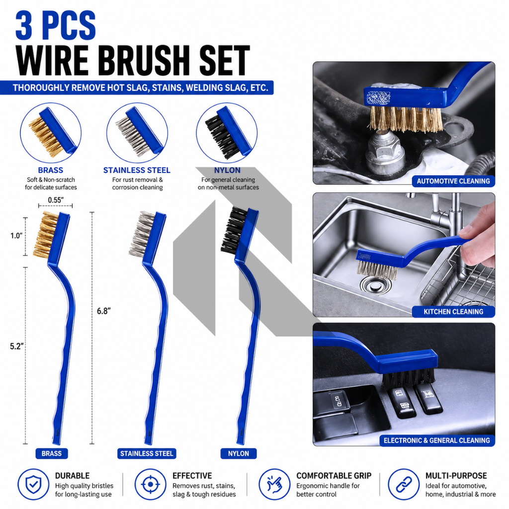 3 Pcs Mini Wire Brush Set – Brass, Nylon & Stainless Steel Detailing Brushes