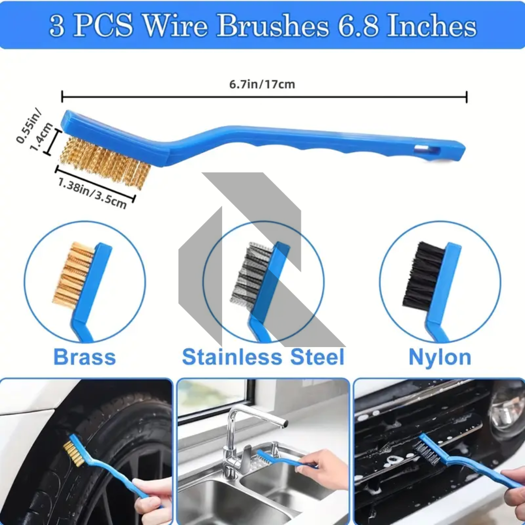 3 Pcs Mini Wire Brush Set – Brass, Nylon & Stainless Steel Detailing Brushes