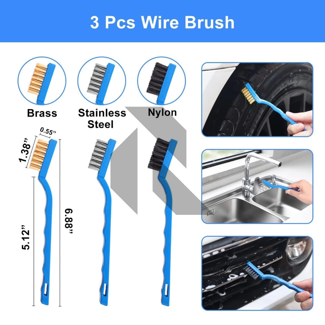 3 Pcs Mini Wire Brush Set – Brass, Nylon & Stainless Steel Detailing Brushes