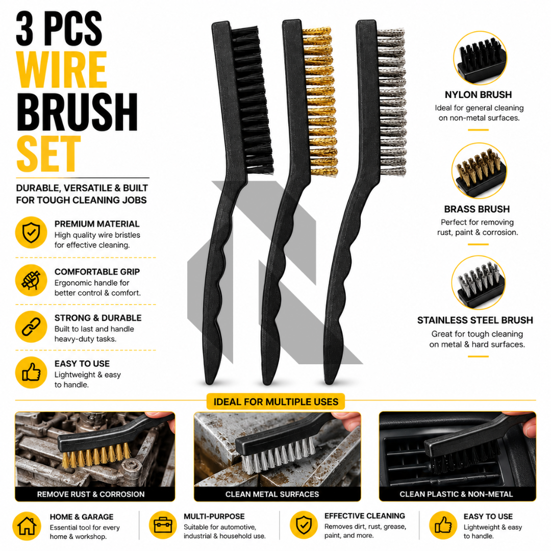 3-Piece Large Wire Brush Set – PP, Brass & Steel for Rust, Upholstery & Heavy-Duty Cleaning Main image
