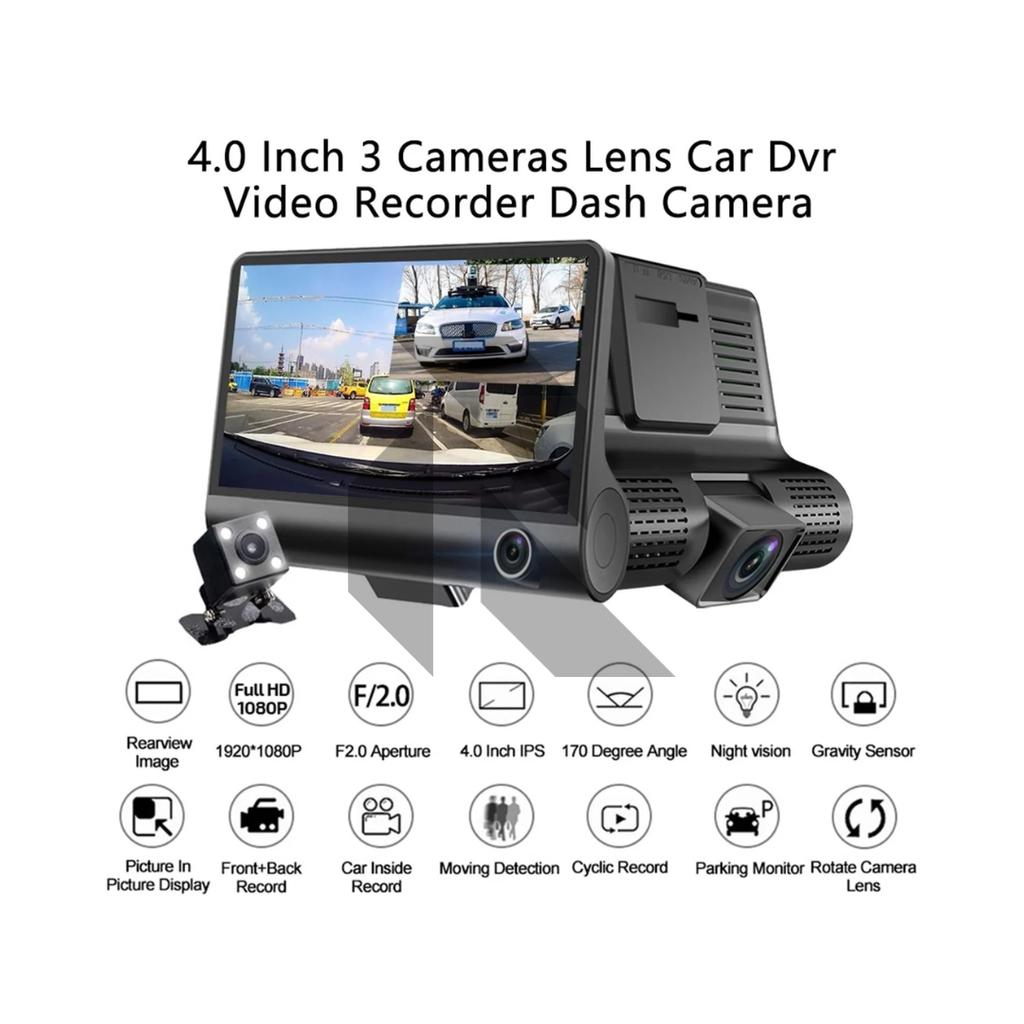 3 Channel Dash Cam 1080P Full HD – Front + Inside + Rear Recording Car Camera with Night Vision & G-Sensor