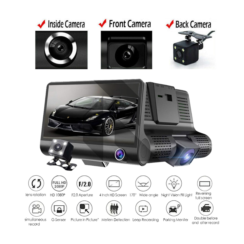 3 Channel Dash Cam 1080P Full HD – Front + Inside + Rear Recording Car Camera with Night Vision & G-Sensor