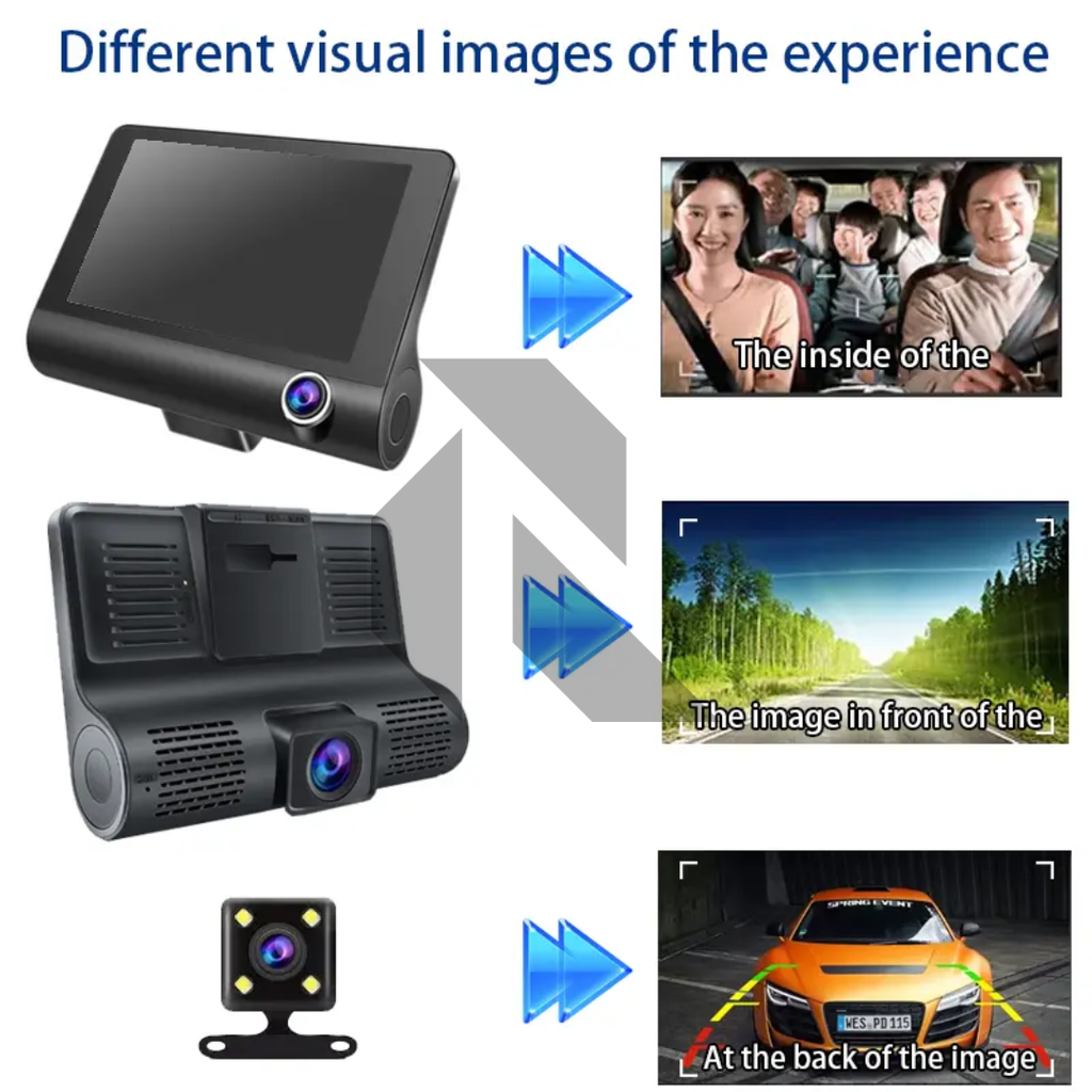 3 Channel Dash Cam 1080P Full HD – Front + Inside + Rear Recording Car Camera with Night Vision & G-Sensor
