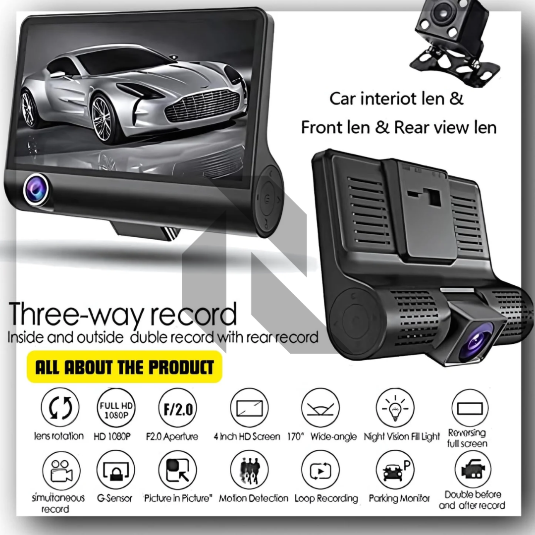 3 Channel Dash Cam 1080P Full HD – Front + Inside + Rear Recording Car Camera with Night Vision & G-Sensor
