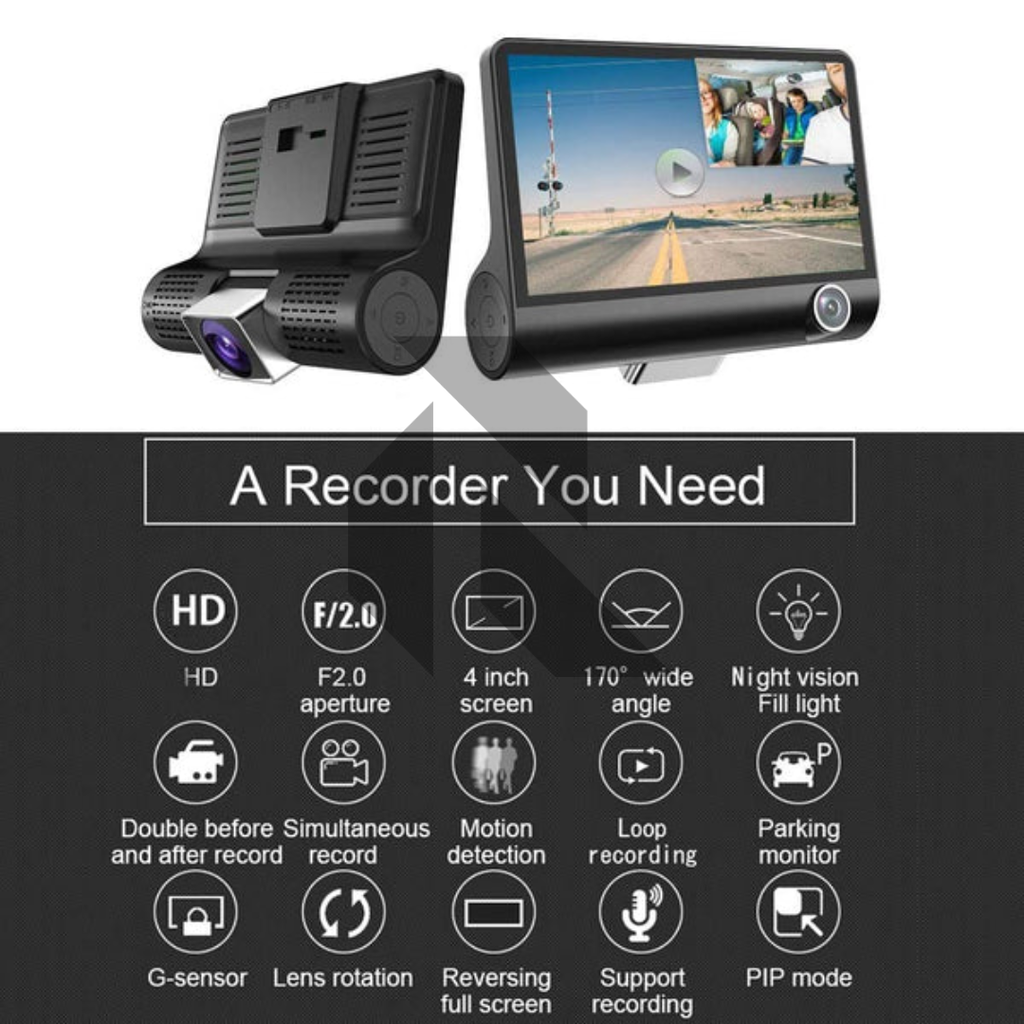 3 Channel Dash Cam 1080P Full HD – Front + Inside + Rear Recording Car Camera with Night Vision & G-Sensor