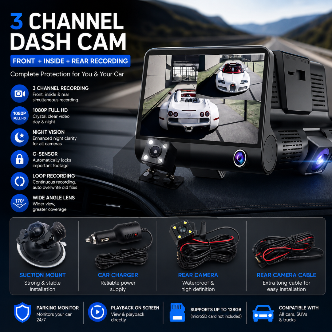 3 Channel Dash Cam 1080P Full HD – Front + Inside + Rear Recording Car Camera with Night Vision & G-Sensor Main image