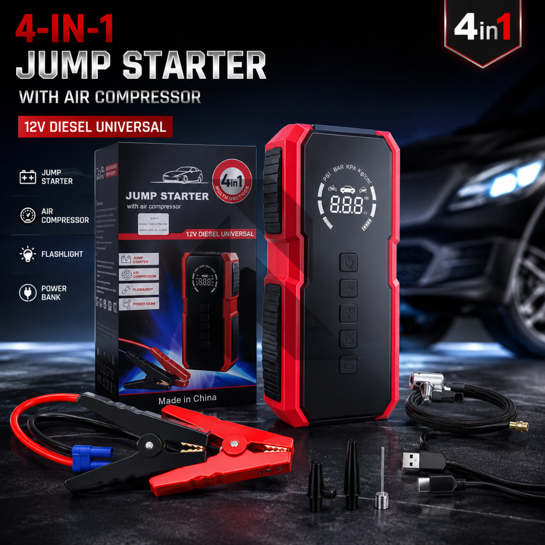 Portable 4-in-1 Car Jump Starter with Air Compressor, Power Bank & LED Emergency Light
