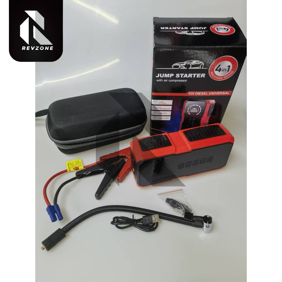 Portable 4-in-1 Car Jump Starter with Air Compressor, Power Bank & LED Emergency Light