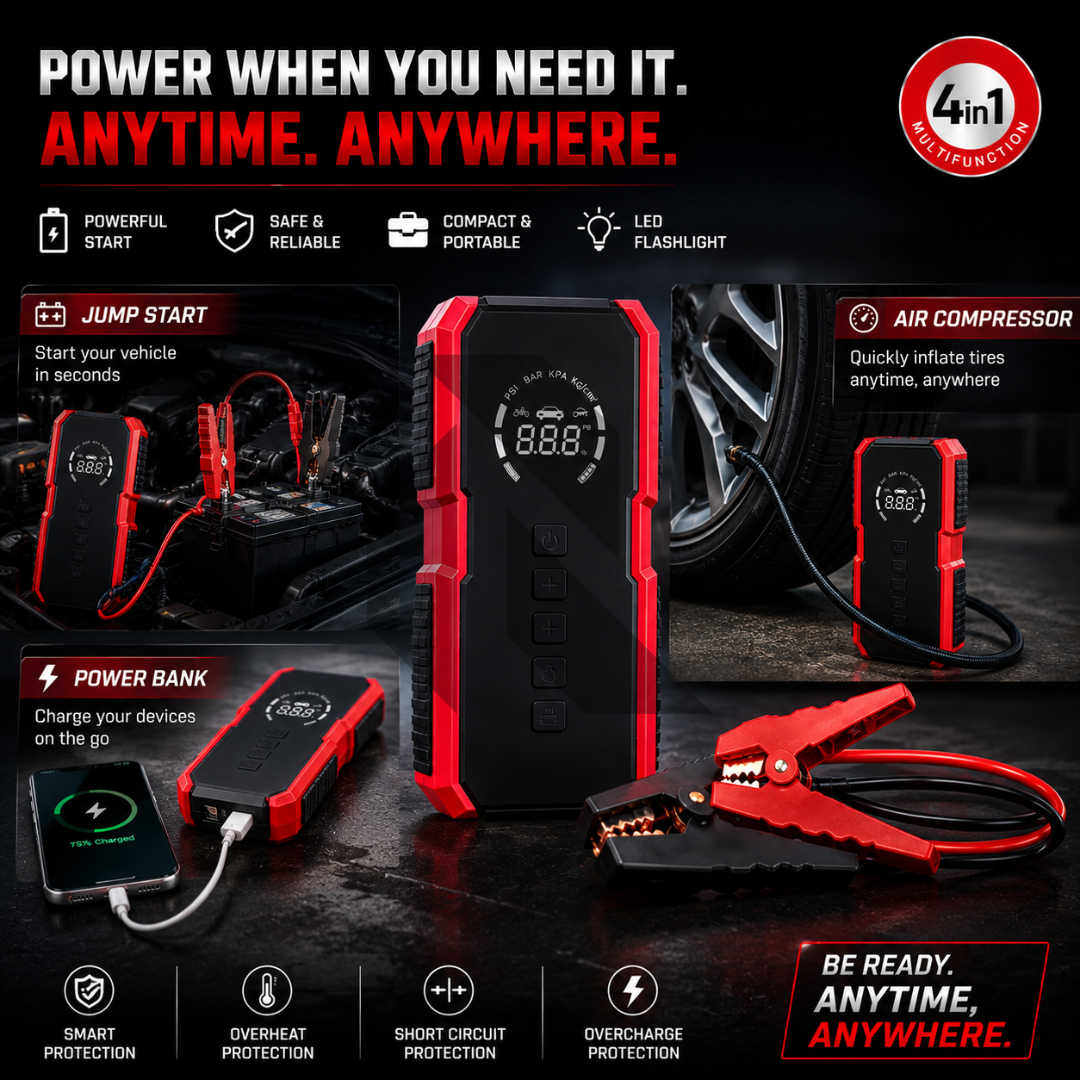 Portable 4-in-1 Car Jump Starter with Air Compressor, Power Bank & LED Emergency Light Main image