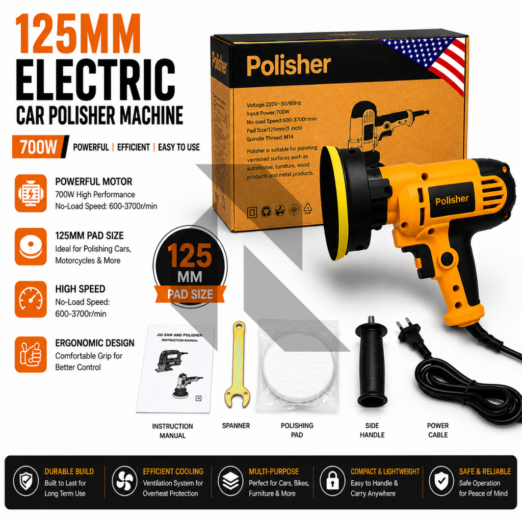 220V Professional 125MM Electric Car Polisher Machine – 700W Variable Speed Car Orbit Waxer