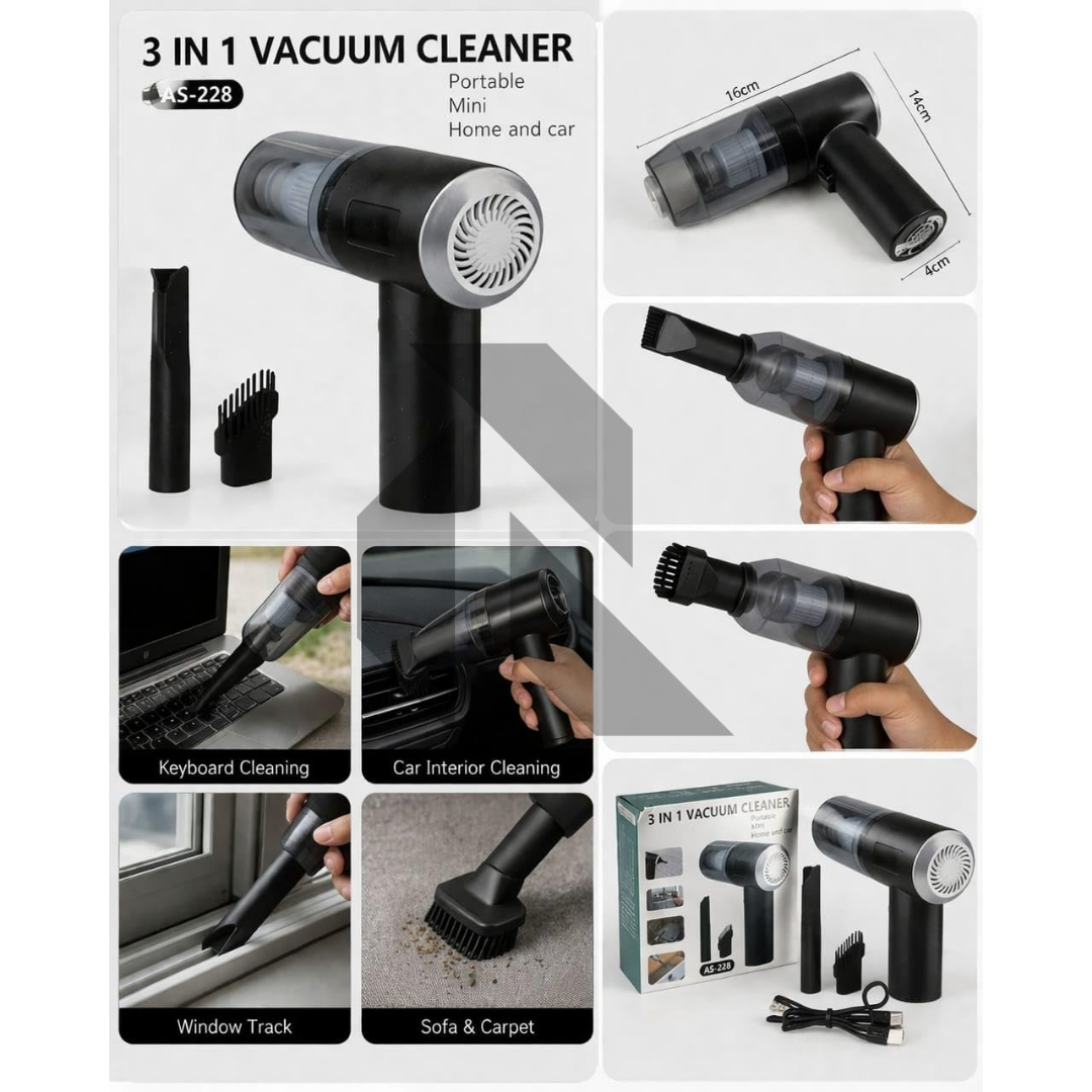 3-in-1 Portable Mini Vacuum Cleaner AS-228 – High Power Suction USB Rechargeable Car & Home Cleaning