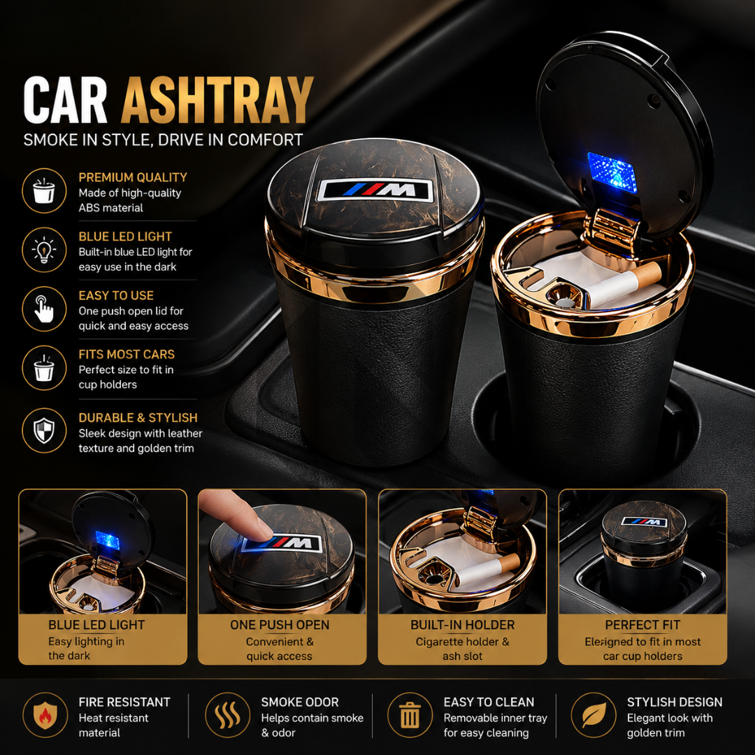 Premium Car Cup Holder Ashtray with Flip Top Lid – Smokeless Portable Ashtray with LED Light