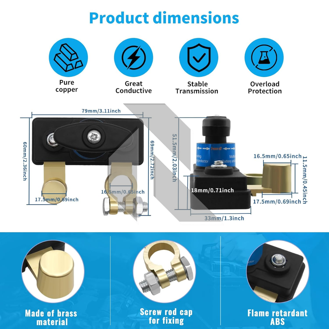 Heavy Duty Copper Car Battery Disconnect Switch 12V-24V – Manual Power Cut Off Battery Isolator