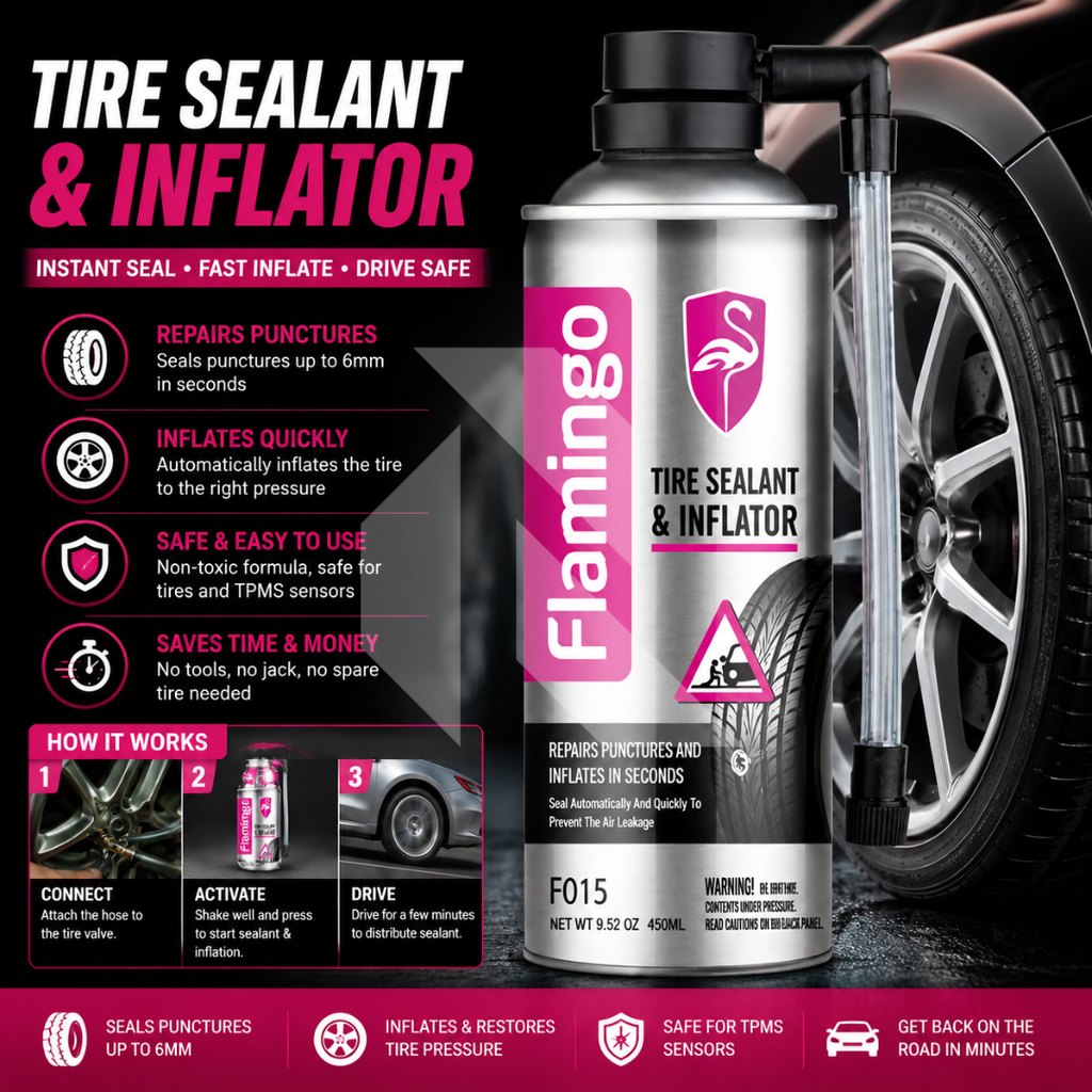 Flamingo Tire Sealant & Inflator 450ml – Emergency Tire Puncture Repair & Inflation Spray