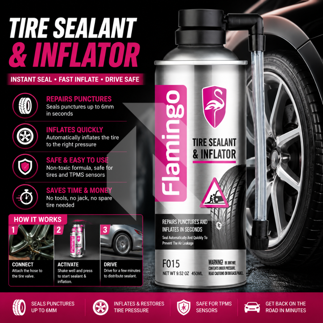 Flamingo Tire Sealant & Inflator 450ml – Emergency Tire Puncture Repair & Inflation Spray