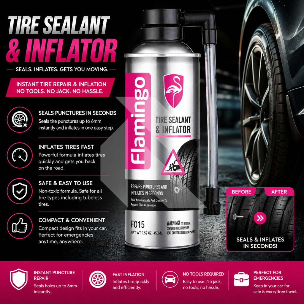 Flamingo Tire Sealant & Inflator 450ml – Emergency Tire Puncture Repair & Inflation Spray