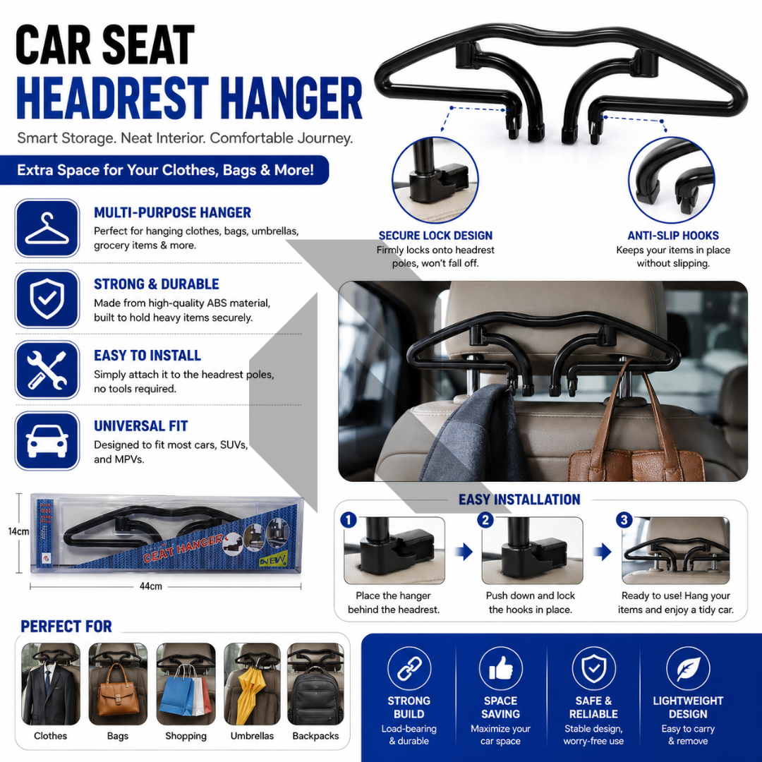 Car Seat Headrest Hanger – Dual Hook Clothes & Bag Holder for Car Back Seat Organizer