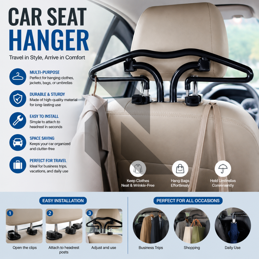 Car Seat Headrest Hanger – Dual Hook Clothes & Bag Holder for Car Back Seat Organizer