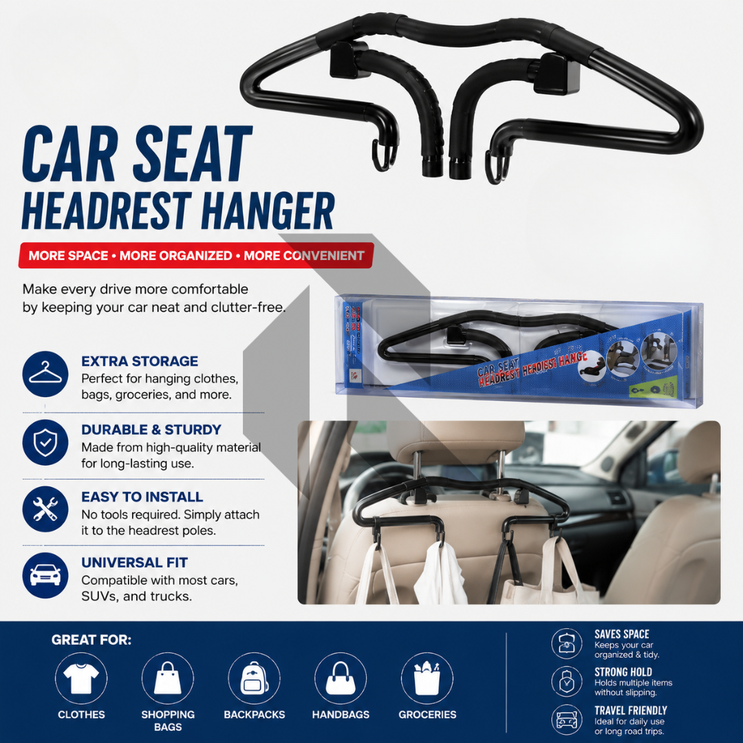 Car Seat Headrest Hanger – Dual Hook Clothes & Bag Holder for Car Back Seat Organizer