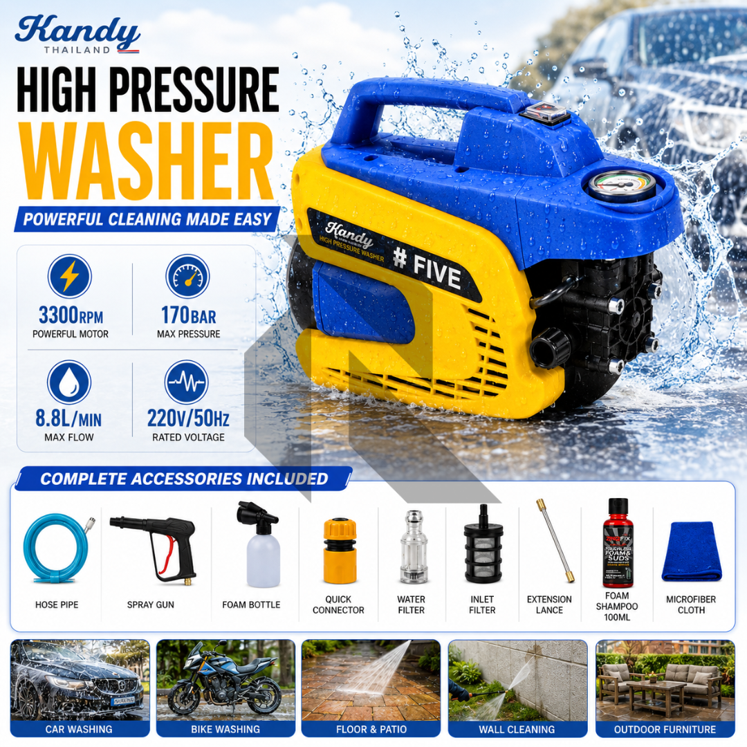 Kandy Thailand #5 High Pressure Washer 170 Bar 8.8L/min | Free 100ML Shampoo & Microfiber Towel