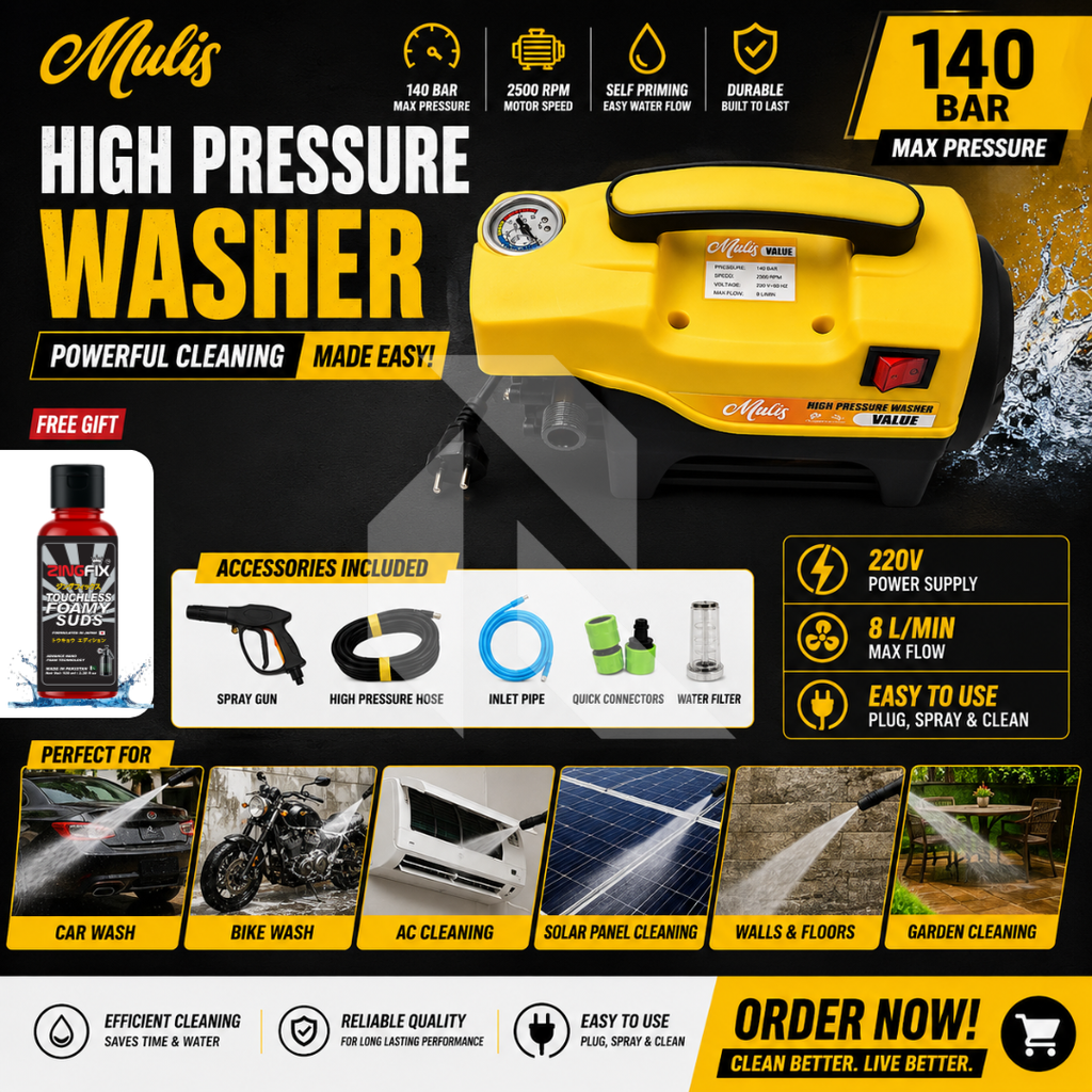 Mulis High Pressure Washer 140 Bar – 220V Induction Motor - Free Shampoo