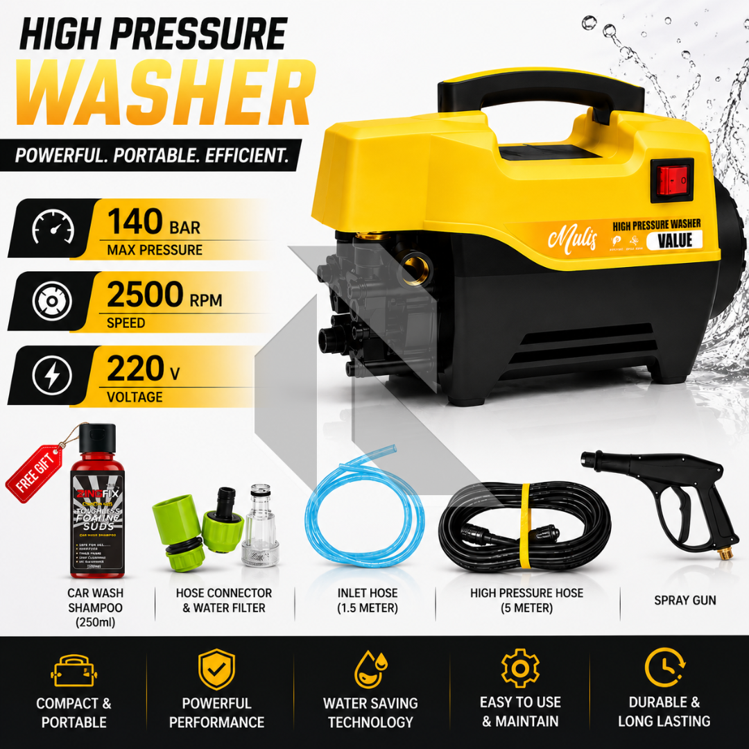 Mulis High Pressure Washer 140 Bar – 220V Induction Motor - Free Shampoo