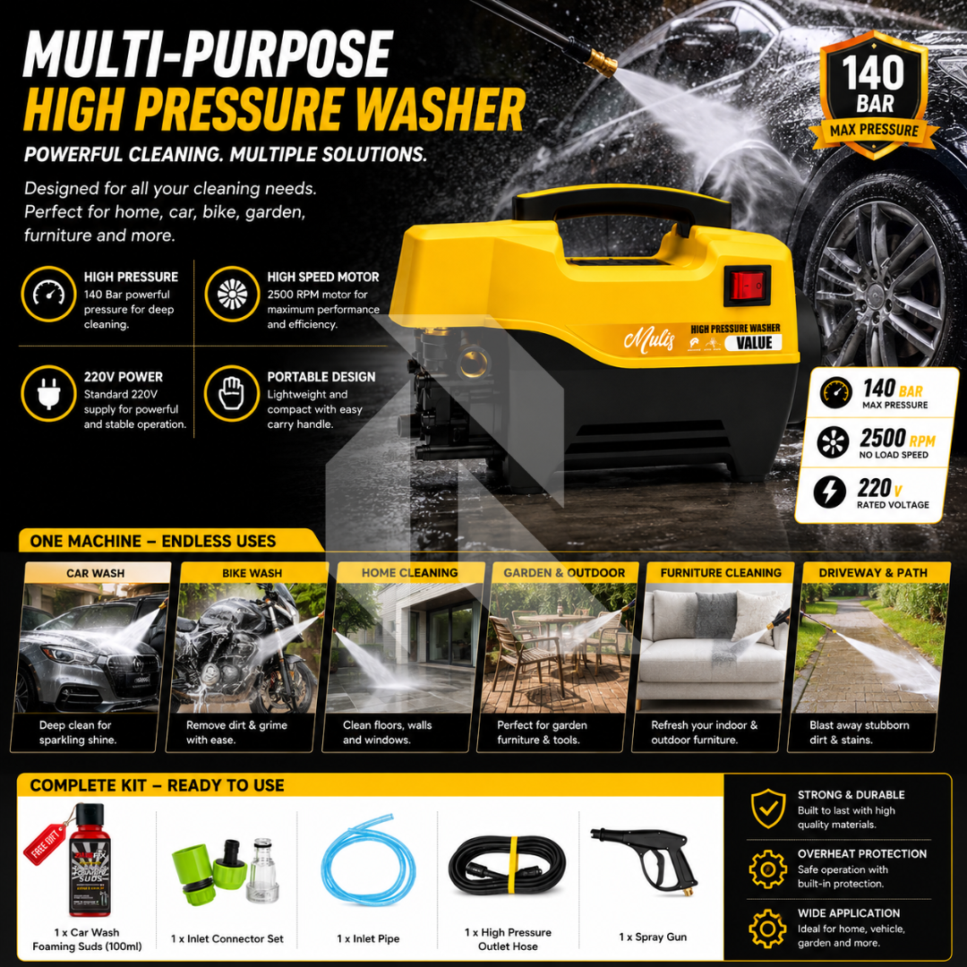 Mulis High Pressure Washer 140 Bar – 220V Induction Motor - Free Shampoo