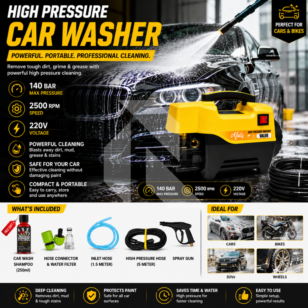 Mulis High Pressure Washer 140 Bar – 220V Induction Motor - Free Shampoo