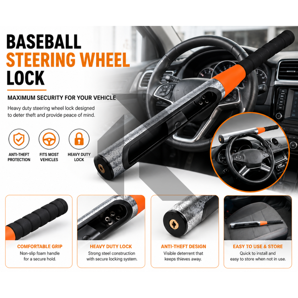 Heavy Duty Baseball Bat Style Steering Wheel Lock – Universal Anti-Theft Car Security Lock