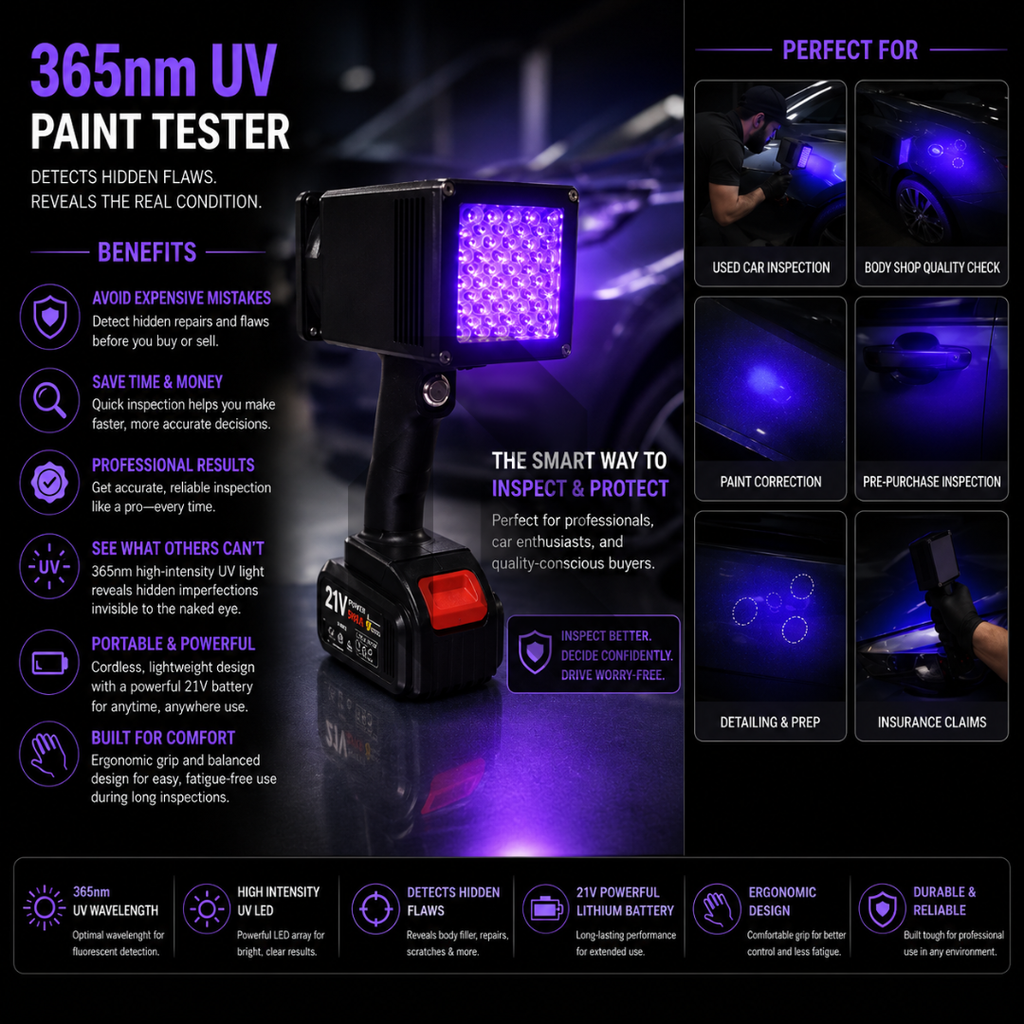 365nm UV Paint Tester Rechargeable Car Paint Inspection Light – Hidden Repair & Scratch Detection Tool