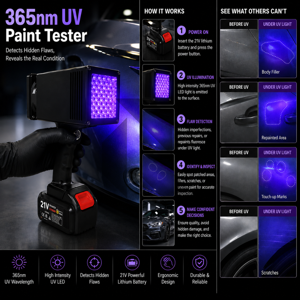 365nm UV Paint Tester Rechargeable Car Paint Inspection Light – Hidden Repair & Scratch Detection Tool
