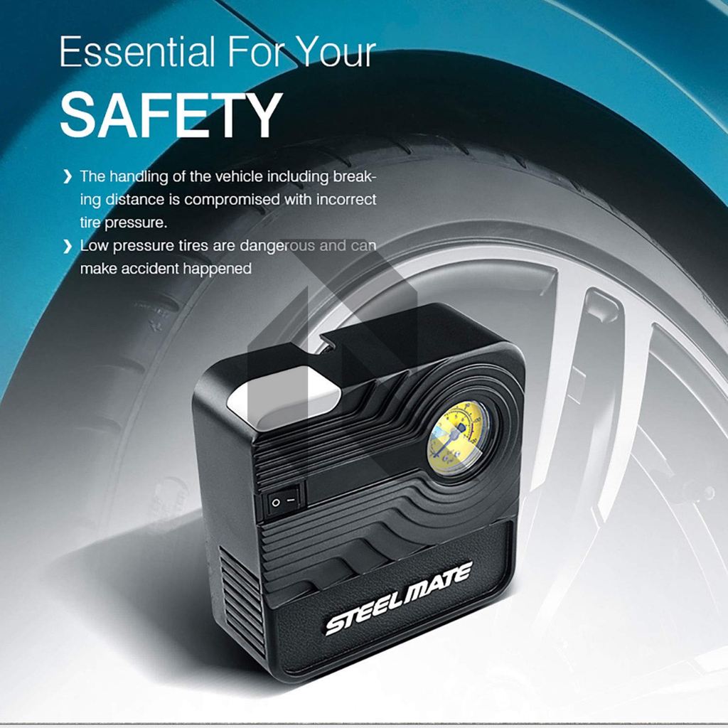Steelmate P03 12V DC Portable Air Compressor Pump – LED Tire Inflator for Cars & Bikes