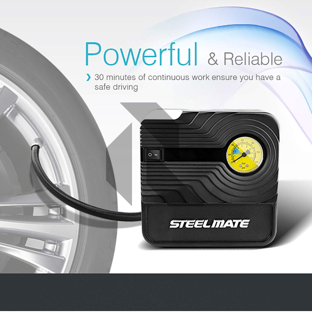 Steelmate P03 12V DC Portable Air Compressor Pump – LED Tire Inflator for Cars & Bikes