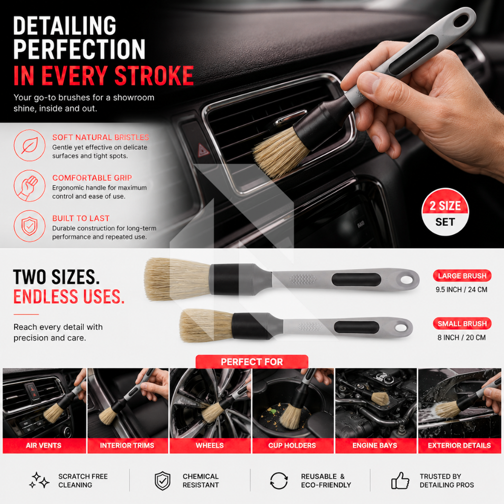 Premium Car Detailing Brush Pack of 2 – Soft Bristle Cleaning Brushes