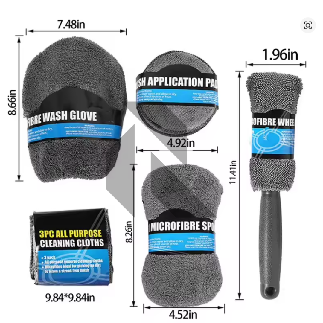 Pro User 9PC Microfibre Car Cleaning Kit – Car Wash, Wheel Brush, Cleaning Cloths, Wash Glove & Polishing Pad
