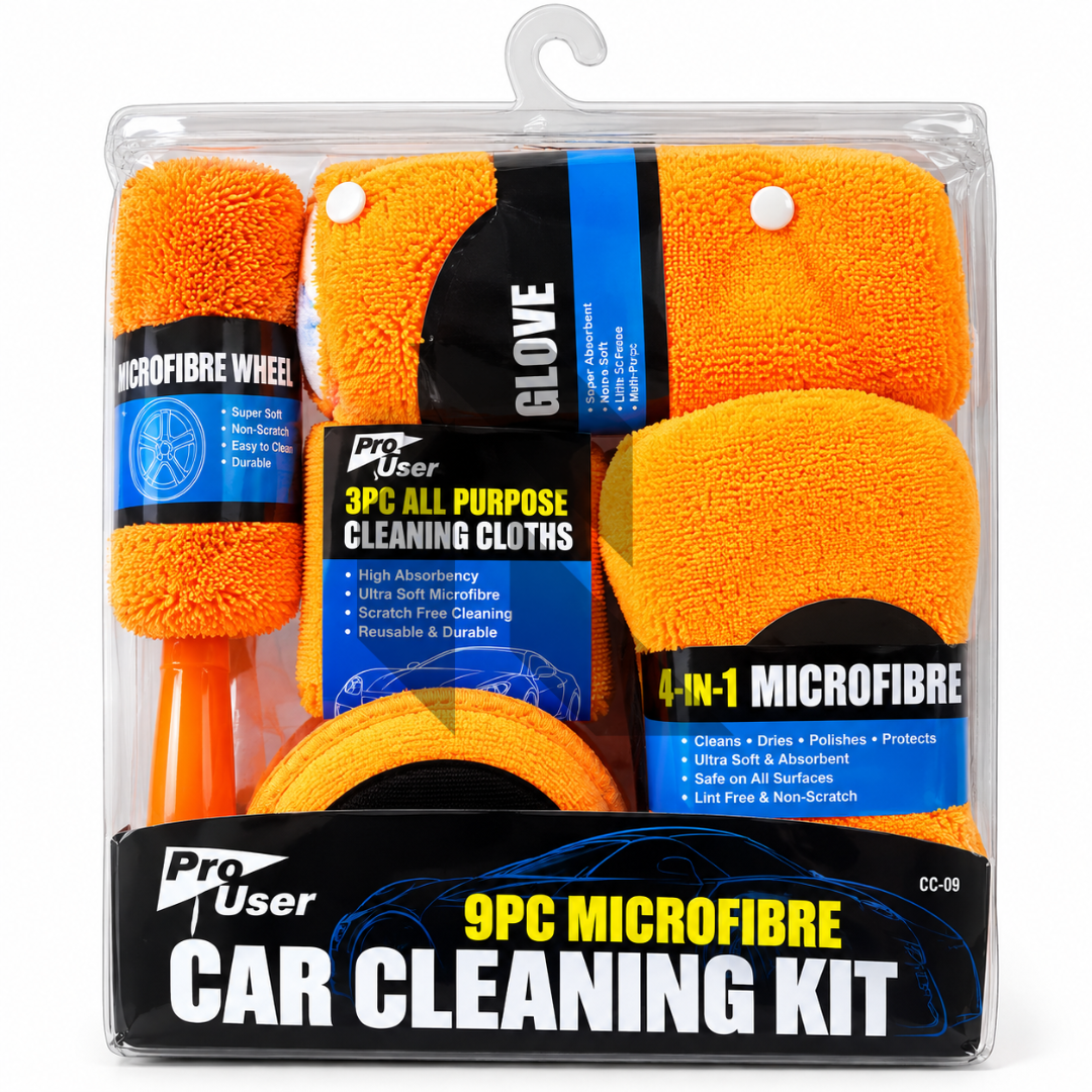 Pro User 9PC Microfibre Car Cleaning Kit – Car Wash, Wheel Brush, Cleaning Cloths, Wash Glove & Polishing Pad