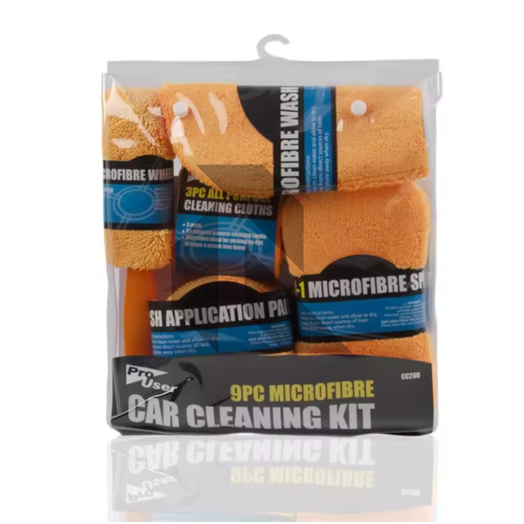 Pro User 9PC Microfibre Car Cleaning Kit – Car Wash, Wheel Brush, Cleaning Cloths, Wash Glove & Polishing Pad