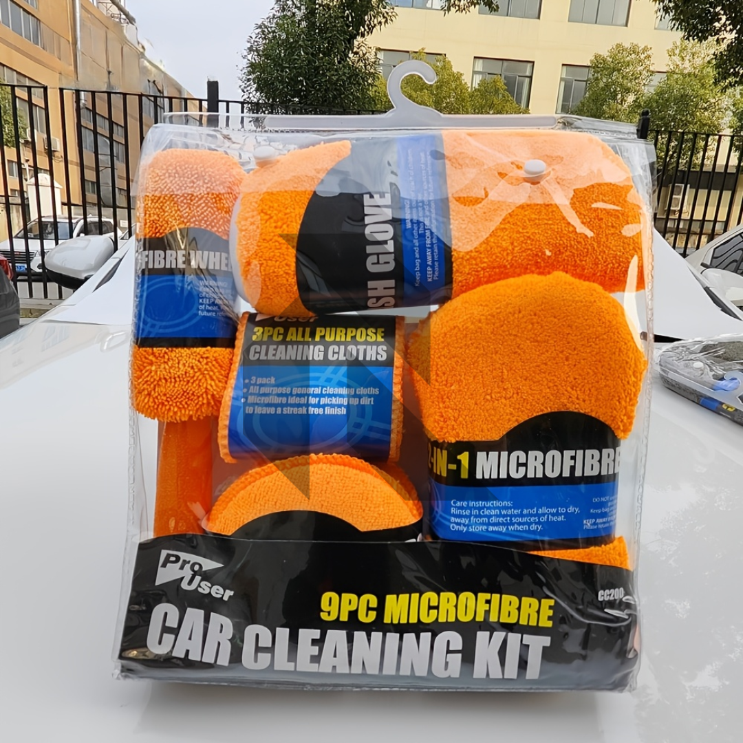 Pro User 9PC Microfibre Car Cleaning Kit – Car Wash, Wheel Brush, Cleaning Cloths, Wash Glove & Polishing Pad