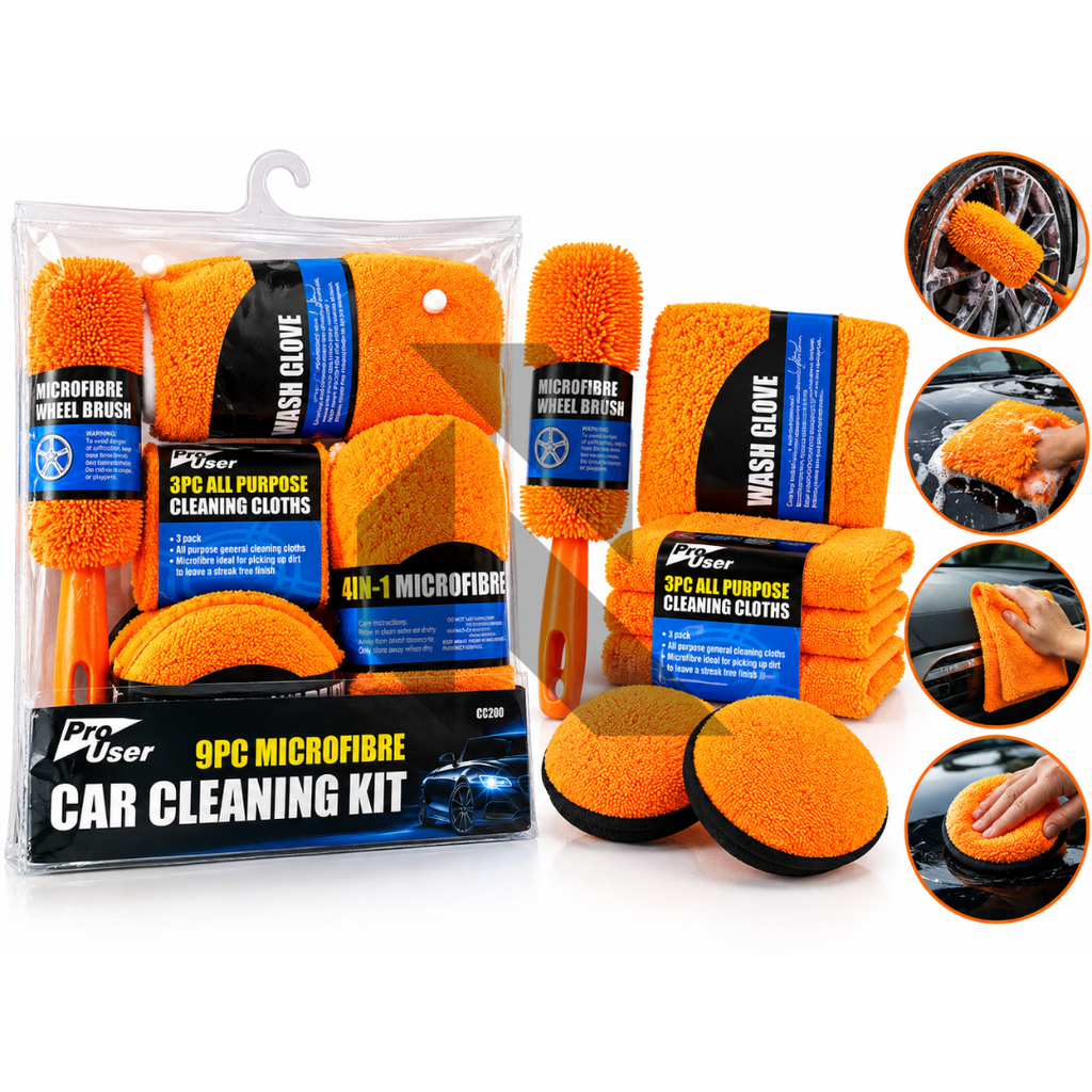 Pro User 9PC Microfibre Car Cleaning Kit – Car Wash, Wheel Brush, Cleaning Cloths, Wash Glove & Polishing Pad