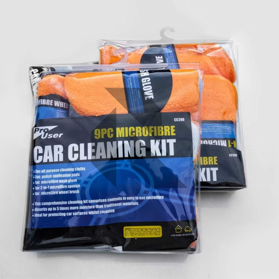 Pro User 9PC Microfibre Car Cleaning Kit – Car Wash, Wheel Brush, Cleaning Cloths, Wash Glove & Polishing Pad